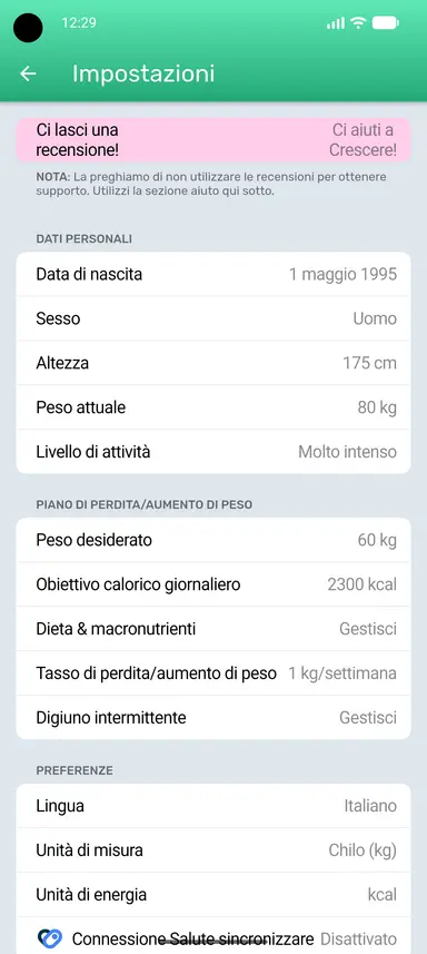 Pulsante Digiuno intermittente nella pagina Impostazioni